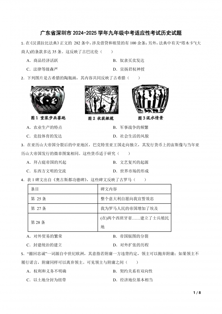 广东省深圳市2024-2025学年九年级中考适应性考试历史试题