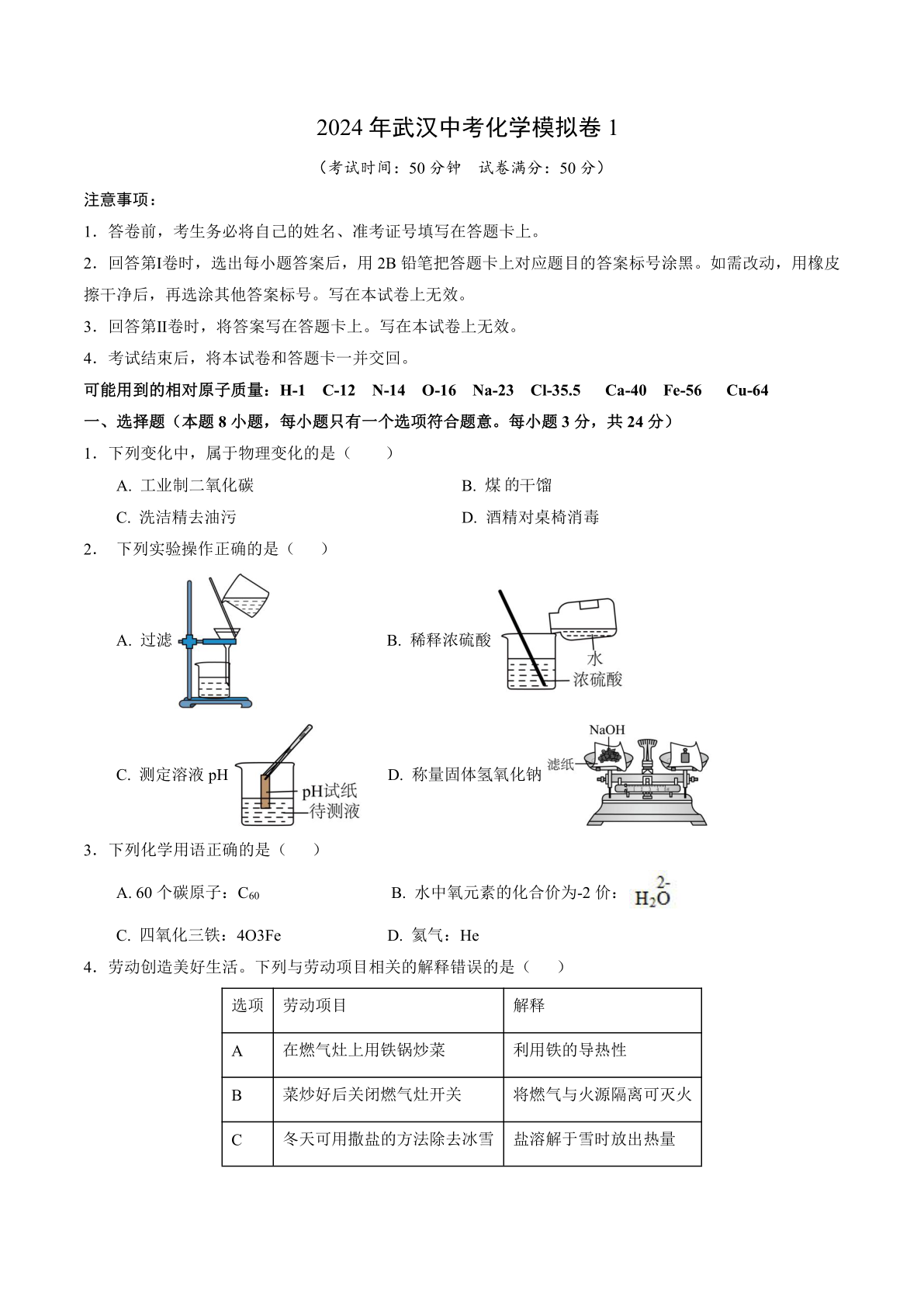 2024年武汉中考化学模拟卷1（含答案）