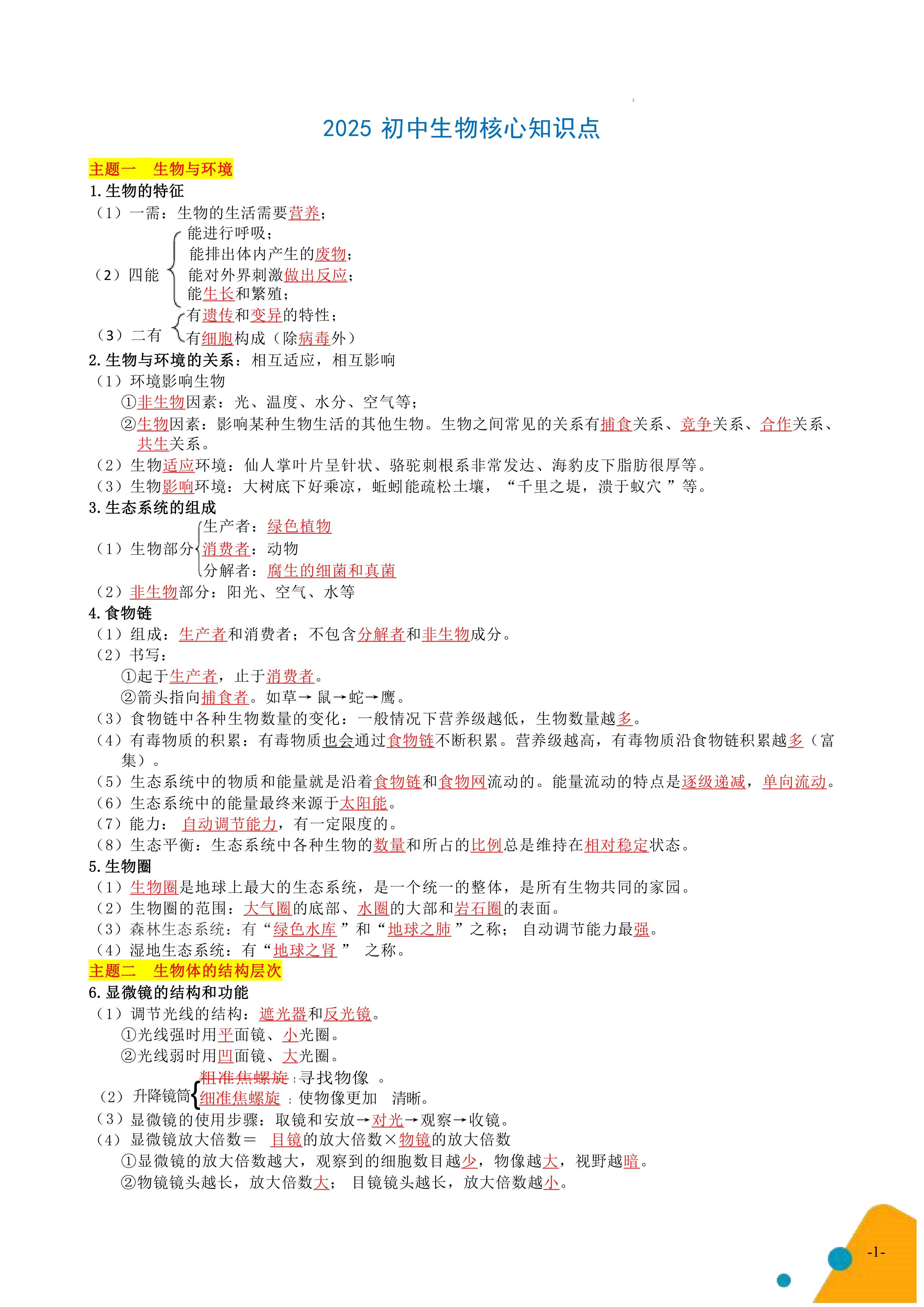 2025中考生物核心知识点打印版