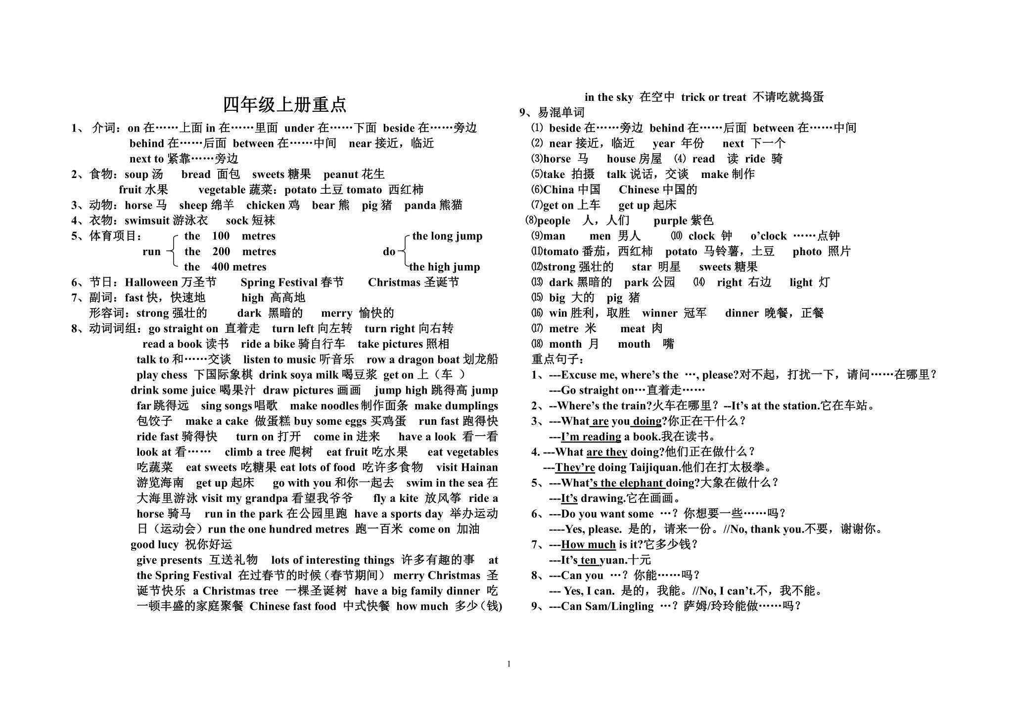 四年级上册英语重点