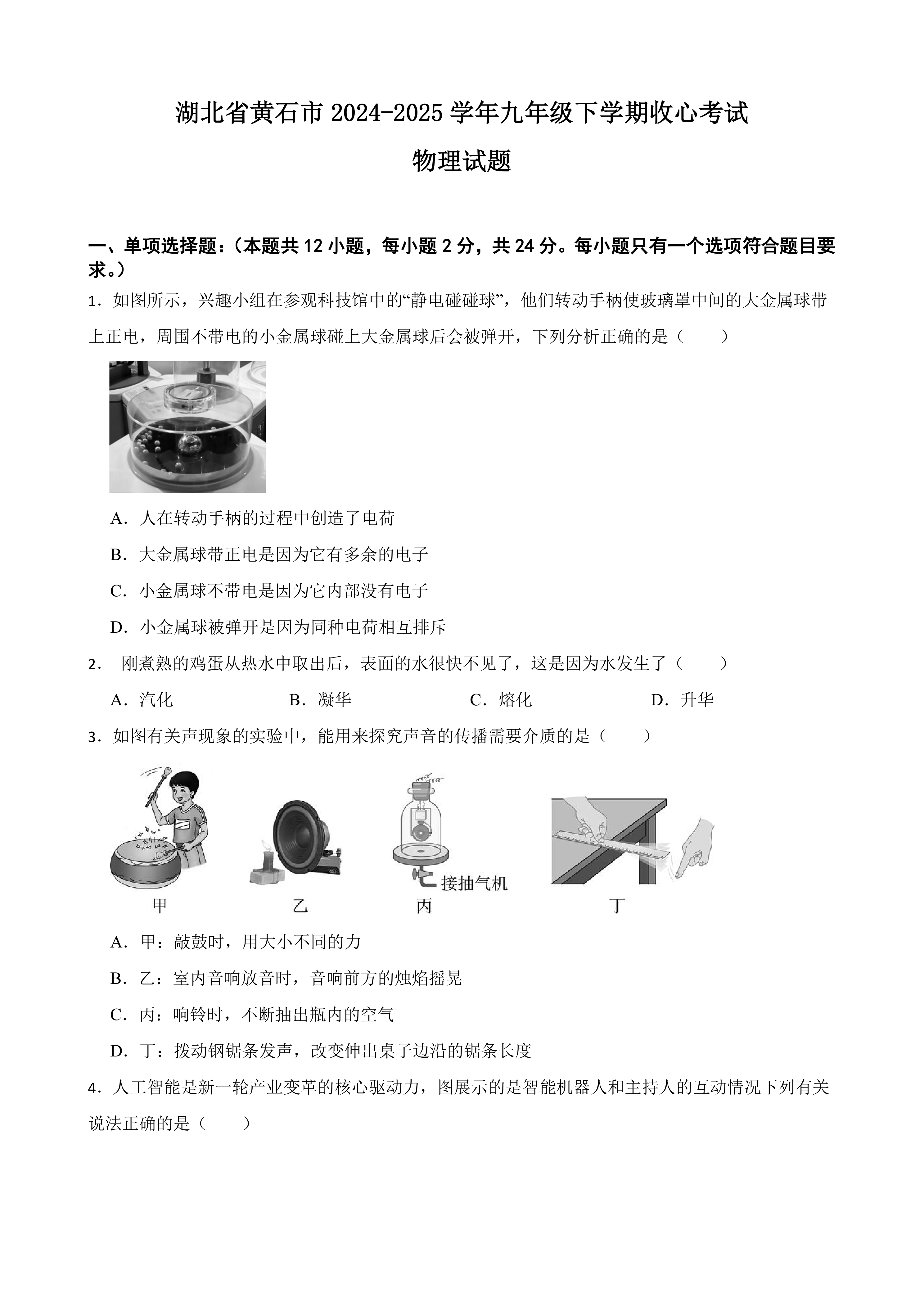 湖北省黄石市2024-2025学年九年级下学期收心考试物理试题(含答案)