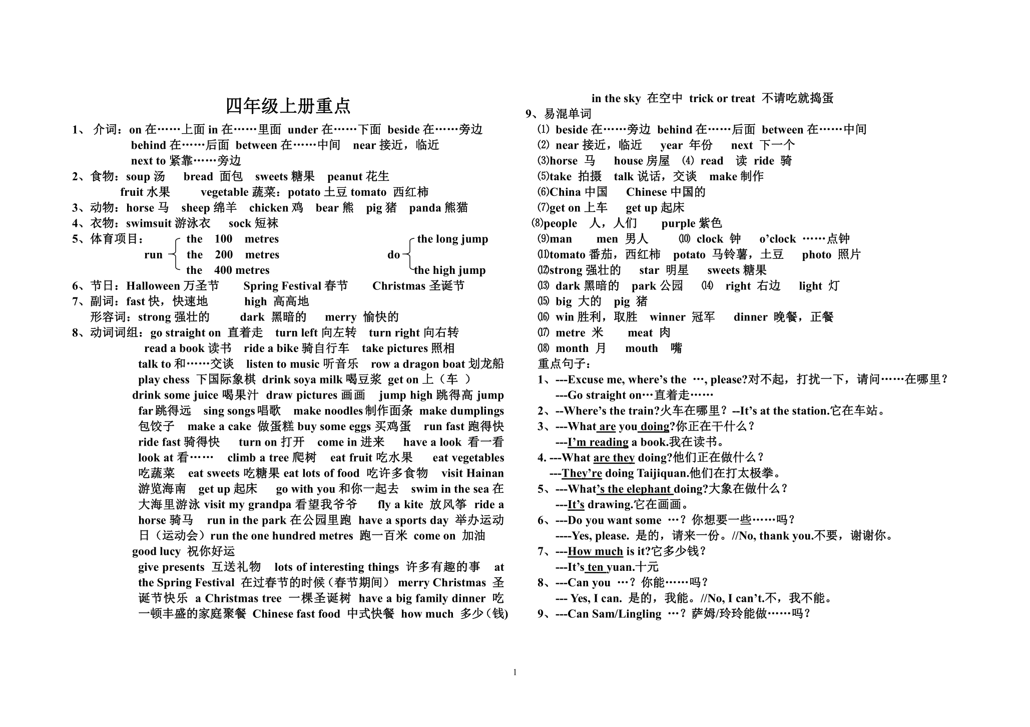 四年级上册英语重点